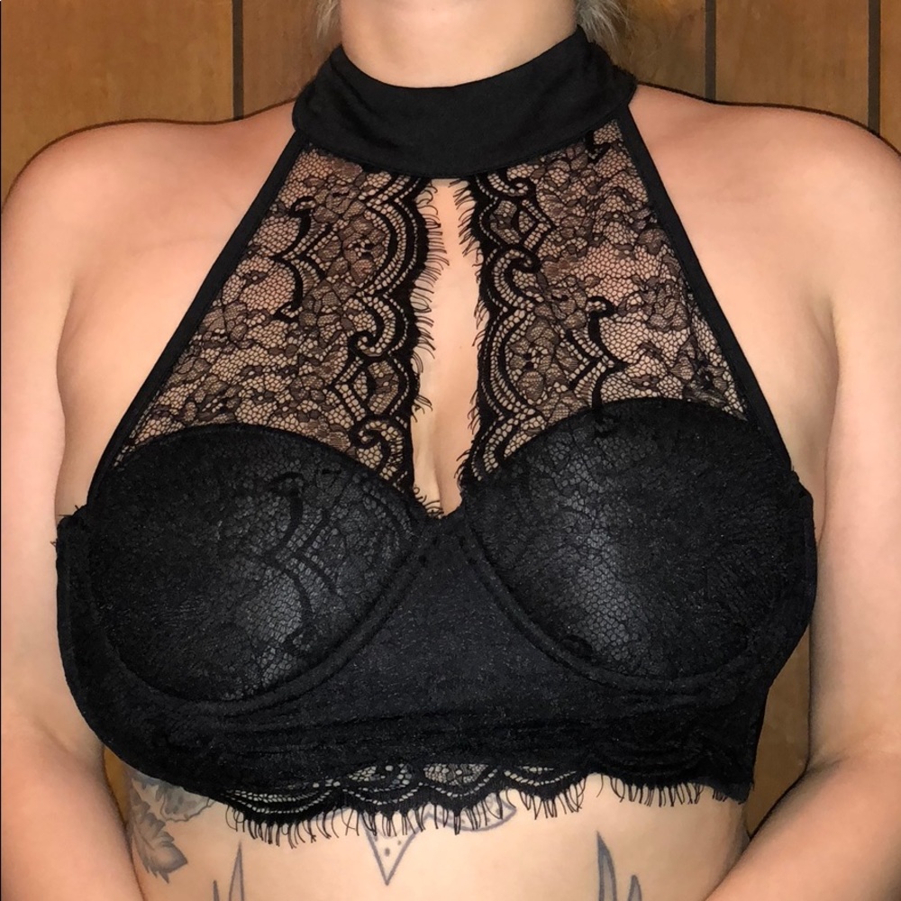 Black Lace High Neck Crop Top